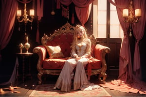 Story, sparkling beautiful eyes, blonde hair, laying on bed posing under a fairy tale, white dress, elegant dress, decorations on dress, highly detailed environment, long windows, starry night, camera shot from above, spacious room, high cilling, fairy tale furniture, room well lited with lanterns and candles, at night, elaborate scene style, glitter, orange, realistic style, 8k,exposure blend, medium shot, bokeh, (hdr:1.4), high contrast, (cinematic, dark orange and white film), (muted colors, dim colors, soothing tones:1.3), full body, low saturation, (hyperdetailed:1.2), (noir:0.4),1 girl,c.c.