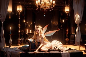 Story, sparkling beautiful eyes, blonde hair, laying on bed posing under a fairy tale, white dress, elegant dress, decorations on dress, highly detailed environment, starry night, camera shot from above, spacious room, high cilling, fairy tale furniture, room well lited with lanterns and candles, at night, elaborate scene style, glitter, orange, realistic style, 8k,exposure blend, medium shot, bokeh, (hdr:1.4), high contrast, (cinematic, dark orange and white film), (muted colors, dim colors, soothing tones:1.3), full body, low saturation, (hyperdetailed:1.2), (noir:0.4),1 girl,c.c.