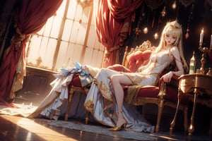 Story, sparkling beautiful eyes, blonde hair, laying on bed posing under a fairy tale, white dress, elegant dress, decorations on dress, highly detailed environment, long windows, stary night, camera shot from above, spacious room, high cilling, fairy tale furniture, elaborate scene style, glitter, orange, realistic style, 8k,exposure blend, medium shot, bokeh, (hdr:1.4), high contrast, (cinematic, dark orange and white film), (muted colors, dim colors, soothing tones:1.3), full body, low saturation, (hyperdetailed:1.2), (noir:0.4),1 girl,c.c.