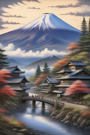realis, masterpiece, best quality, highly detailed,mountain fuji,vilage