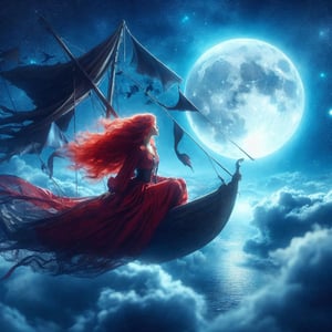 beautiful red-haired woman riding in a magical flying boat across the nights sky, full blue moon wanderlust mystery and poetry of love travail and adventure 8k resolution,splash00d,perfecteyes eyes