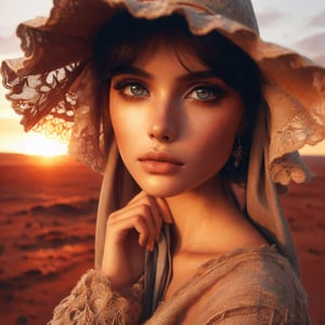 Beautiful young exotic humanoid near alien woman on mars looking straight into viewer with love in her perfect identical eyes, fashion forward large wide brimmed lacey Martian sun hat, Martian poncho, looking to camera from profile image, as the sun sets, hyperdetailed, art style sci-fi, 64k resolution Kodak art photography, Leonardo Da Vinci inspired artist, Masterpiece