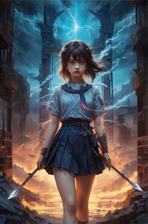 A small cute but frail girl holding a small hunting bow, quiver with arrows on her back, wearing a Japanese school girl uniform, white blouse short blue skirt blue sweater vest, and school insignia, short dark hair, big round brown eyes, standing at the gates of forever, bow and arrows, girlwind chimes, tones of wind, chimes ringing in eternity, dark foreboding planet of sand and ash, hums and chimes with long lost civilizations ghosts, hollows wind, hollow, hallowed, strike the bell, peal the rhyme let lose the thunder on high, crack lightnings whip,digital artwork by Beksinski, traveler through refined beauty and color variation, a peek into the eternal,  temple, (torii:1.2), evening, neon lights, futuristic, elegant, glowing, mysterious, meditation, chaos, destruction, storm, scenic, iconic, midjourney, cyberpunk, neo-tokyo, scifi, looking at viewer, light and dark, life and death, 2-tone body, holding large sword, nodf_lora, surrounded by multiple swords stabbed into the ground,klee (genshin impact)
