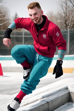 A stylish, 30-year-old truly chav Englishman quickly skating on a well-drawn  with realistic skating movement, tall, his slender frame accentuated by broad shoulders and a strong neck. A tattooed sleeve peeks out from beneath a well-rendered punk-inspired winterwear with bold symbols. Baggy pants and skater sneakers complete the male chav look, while funny socks add a playful touch.  On a snowy day in an urban boardskating park setting with concrete halfpipe full of graffiti, he exudes confidence and joy , his vibrant colors popping against the vivid setting with depth of field.