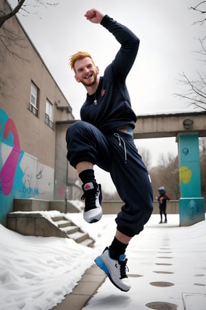A stylish, 30-year-old truly chav Englishman quickly solo jumping  with realistic arms and legs movement while drunk for fun, tall, his slender frame accentuated by broad shoulders and a strong neck. A tattooed sleeve peeks out from beneath a well-rendered punk-inspired winterwear with bold symbols. Baggy pants and skater sneakers complete the male chav look, while funny socks add a playful touch.  On a snowy day in an urban leparkour park setting  full of graffiti, he exudes confidence and joy , symmetric limbs, his vibrant colors popping against the vivid setting with depth of field.