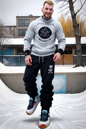 A stylish, 30-year-old truly chav Englishman quickly snowboarding on a well-drawn (large snowboard) with realistic snowboarding movement, tall, his slender frame accentuated by broad shoulders and a strong neck. A tattooed sleeve peeks out from beneath a well-rendered punk-inspired shirt with bold symbols. Baggy pants and skater sneakers complete the male chav look, while funny socks add a playful touch.  On a snowy day in an urban boardskating park setting with concrete halfpipe full of graffiti, he exudes confidence and joy , his vibrant colors popping against the vivid setting with depth of field.