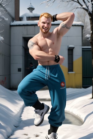 A stylish, 30-year-old truly chav Englishman quickly focused jumping in style with realistic arms and legs movement while drunk for fun, tall, his slender frame accentuated by broad shoulders and a strong neck. A tattooed sleeve peeks out from beneath a well-rendered punk-inspired winterwear with bold symbols. Baggy pants and skater sneakers complete the male chav look, while funny socks add a playful touch.  On a snowy day in an urban leparkour park setting  full of graffiti, he exudes confidence and joy , symmetric limbs, his vibrant colors popping against the vivid setting with depth of field.