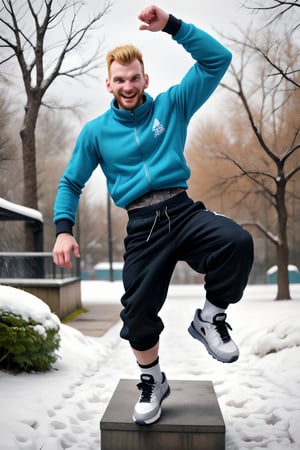 A stylish, 30-year-old truly chav Englishman quickly jumping  with realistic leparkour movement, tall, his slender frame accentuated by broad shoulders and a strong neck. A tattooed sleeve peeks out from beneath a well-rendered punk-inspired winterwear with bold symbols. Baggy pants and skater sneakers complete the male chav look, while funny socks add a playful touch.  On a snowy day in an urban leparkour park setting  full of graffiti, he exudes confidence and joy , his vibrant colors popping against the vivid setting with depth of field.