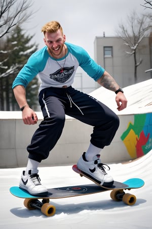 A stylish, 30-year-old truly chav Englishman quickly boardskaing on a well-drawn (largeskateboard) with realistic boardskating movement, tall, his slender frame accentuated by broad shoulders and a strong neck. A tattooed sleeve peeks out from beneath a well-rendered punk-inspired shirt with bold symbols. Baggy pants and skater sneakers complete the male chav look, while funny socks add a playful touch.  On a snowy day in an urban boardskating park setting with concrete halfpipe full of graffiti, he exudes confidence and joy (while drooling drunk:1.2), his vibrant colors popping against the vivid setting with depth of field.