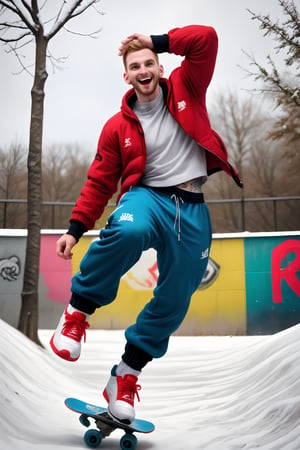A stylish, 30-year-old truly chav Englishman quickly jumping  with realistic leparkour movement, tall, his slender frame accentuated by broad shoulders and a strong neck. A tattooed sleeve peeks out from beneath a well-rendered punk-inspired winterwear with bold symbols. Baggy pants and skater sneakers complete the male chav look, while funny socks add a playful touch.  On a snowy day in an urban boardskating park setting with concrete halfpipe full of graffiti, he exudes confidence and joy , his vibrant colors popping against the vivid setting with depth of field.