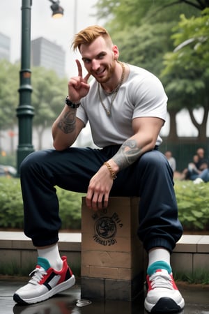 A stylish, 30-year-old truly chav mean manly Englishman, sitting on a gardenblock, tall, his slender frame accentuated by broad shoulders and a strong neck. A tattooed sleeve peeks out from beneath a well-rendered punk-inspired shirt with bold symbols. Baggy pants and skater sneakers complete the male chav look, while funny socks add a playful touch. His large hand making a gesture for fun, A shiny chain necklace adds a touch of bling to his casual attire. On a rainy day in an urban park setting, he exudes confidence and joy, his vibrant colors popping against the vivid setting with depth of field.