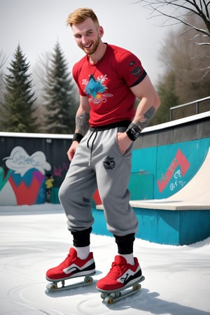 A stylish, 30-year-old truly chav Englishman quickly skating on a well-drawn  with realistic skating movement, tall, his slender frame accentuated by broad shoulders and a strong neck. A tattooed sleeve peeks out from beneath a well-rendered punk-inspired shirt with bold symbols. Baggy pants and skater sneakers complete the male chav look, while funny socks add a playful touch.  On a snowy day in an urban boardskating park setting with concrete halfpipe full of graffiti, he exudes confidence and joy , his vibrant colors popping against the vivid setting with depth of field.