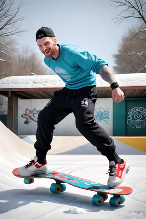 A stylish, 30-year-old truly chav Englishman quickly boardskaing on a well-drawn (largeskateboard) with realistic boardskating movement, tall, his slender frame accentuated by broad shoulders and a strong neck. A tattooed sleeve peeks out from beneath a well-rendered punk-inspired shirt with bold symbols. Baggy pants and skater sneakers complete the male chav look, while funny socks add a playful touch.  On a snowy day in an urban boardskating park setting with concrete halfpipe full of graffiti, he exudes confidence and joy , his vibrant colors popping against the vivid setting with depth of field.