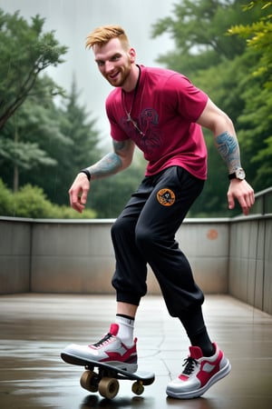 A stylish, 30-year-old truly chav Englishman quickly moving on a well-drawn skateboard with realistic boardskating movement, tall, his slender frame accentuated by broad shoulders and a strong neck. A tattooed sleeve peeks out from beneath a well-rendered punk-inspired shirt with bold symbols. Baggy pants and skater sneakers complete the male chav look, while funny socks add a playful touch.  On a rainy day in an urban park setting, he exudes confidence and joy, his vibrant colors popping against the vivid setting with depth of field.