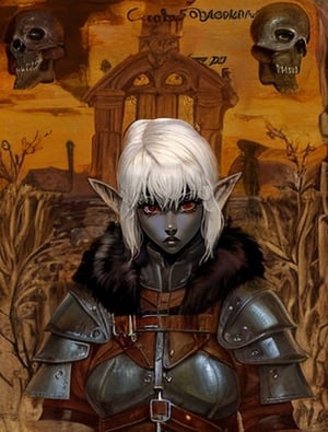 woman, elf, (colored skin, grey skin), (red eyes), pointed ears, large breasts, gothic, black lipstick, white hair, (short), wide hips, somber expression wearing fur armor, black armor, skull embellishments, black leather, chest harness, (skindentation), realistic, high quality, (dynamic angle), dark graveyard background with glowing moon overhead, drow, dark elf,drow,shoes,casca \(berserk\),top