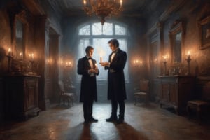 1980s mystery film, low-angle shot of an evil-eyed French Butler sporting a black suit and grasping a candle in the hallway of a creepy Victorian mansion with musty decor. The warm candle glow evokes a spooky sense of mystery