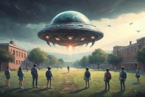 alien spaceship landing on school ground, school students watching it with fear, cinematic