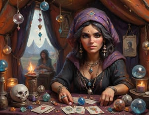 3D portrait of a gypsy fortune teller in her cluttered tent with scrying ball and crystals and tarot cards