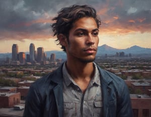 oil painting head and shoulders portrait of a hip Iroquois young adult in downtown Phoenix AZ modern outfit detailed rich colors by Max Rive and Ryan Dyar