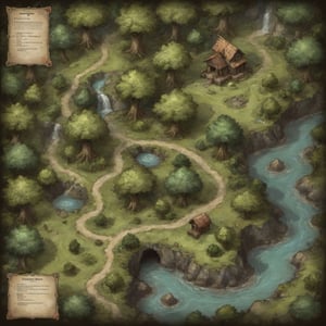 top down overhead view of an rpg battlemap outdoor forest and paths and river with a hidden cave and hut expert cartography D&D fantasy map
