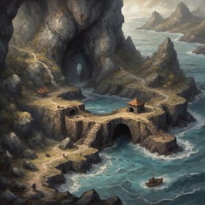 top down view of an rpg battlemap outdoor cliffs and ocean expert cartography D&D fantasy large cave entrance ominous guarded by a fierce black-gold dragon