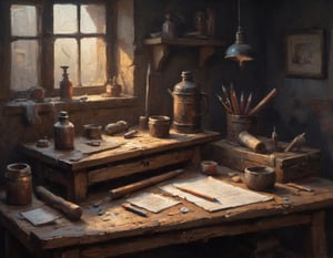 ismail inceoglu and ian mcque a still life old warn hammer and carpenter's ruler and pencil on a rustic work bench under strong chiaroscuro lighting
