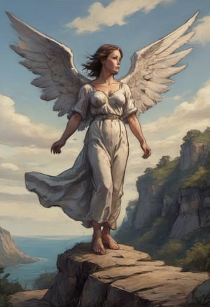looking up dramatic angles at an imposing austere female-form angel seen from below standing on a cliff's edge rim lighting bright sky 