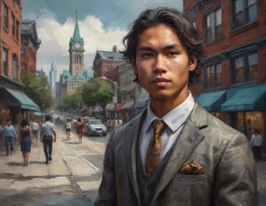 oil painting head and shoulders portrait of a well-dressed Inuit young adult in downtown summer Toronto fashionable outfit detailed rich colors by Max Rive and Ryan Dyar
