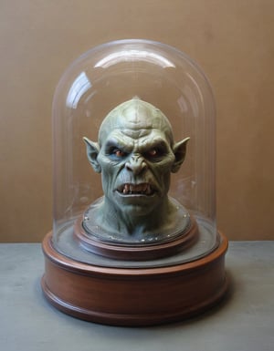 round domed display case for a taxidermied orc head