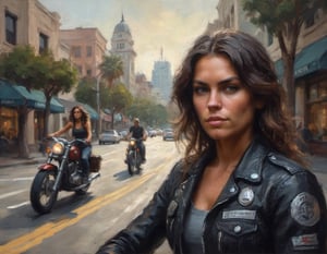 oil painting head and shoulders portrait of a surly leather-clad biker woman in downtown Beverly Hills LA detailed rich colors by Max Rive and Ryan Dyar