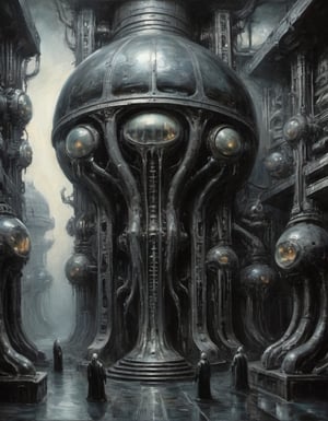 biomechanical angled long dark black hall painting by  Giger by brzezinski oil on canvas iron steel machinery wet confusing glass domes containing bioluminescent organic floating eldritch horrors
