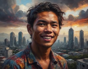 oil painting head and shoulders portrait of an exuberant young Filipino in downtown Manila detailed rich colors by Max Rive and Ryan Dyar
