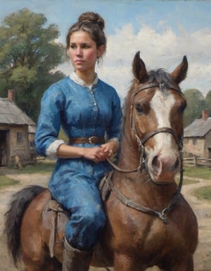 a young woman in a small village sitting on a Clydesdale horse blue peasant outfit with hair up in a bun
