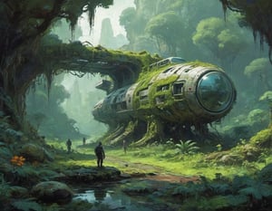 cinematic concept art cene of a spaceship, jungle, overgrown, ruins, wreck, moss, vines, foliage, lush, vegetation, sharp, Rendered by octane, art by Stålenhag, by Kilian Eng , by Josan Gonzalez and Craig Mullins
