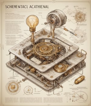schematic diagram inscrutable electro-mechanical device with mystical magical alchemical accoutrements isometric detailed annotated concept on mottled white paper