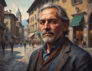 oil painting head and shoulders portrait of a typical middle-aged Italian uncle in downtown Turin detailed rich colors by Max Rive and Ryan Dyar
