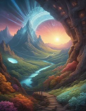 impossible landscape with a infinite multi dimension portal a beautiful ultradetailed matte painting a lush mountain range at dusk by tomasz alen kopera and Justin Gerard and Dan Mumford tarot card dazzling energy ultra wide angle fractal magic rays of god ink art colored