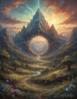 impossible landscape with a infinite multi dimension portal a beautiful ultradetailed matte painting a lush mountain range at dusk by tomasz alen kopera and Justin Gerard and Dan Mumford tarot card dazzling energy ultra wide angle fractal magic rays of god