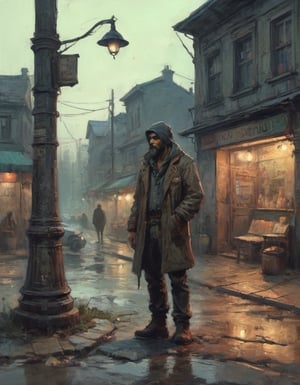 ismail inceoglu and ian mcque mystical hobo with a piercing stare leaning against a lamppost in front of the local bodega mysterious shadows and obscured features