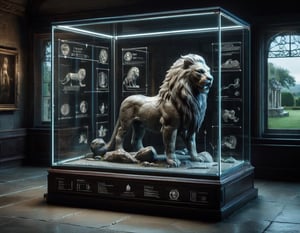 display case of an attentive stone lion guarding an ancient manor in a serious dark presentation 