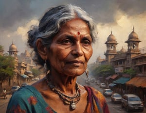 oil painting head and shoulders portrait of an average aging Indian woman in urban Mumbai detailed rich colors by Max Rive and Ryan Dyar