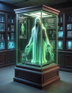 display case with a glowing ectoplasmic ghost in a darkened ghost busters lab environment