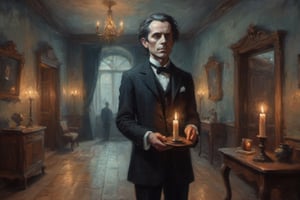 oil painting 1980s mystery film, low-angle shot of an evil-eyed French Butler sporting a black suit and grasping a candle in the hallway of a creepy Victorian mansion with musty decor. Wes Anderson and Tim Burton The warm candle glow evokes a spooky sense of mystery