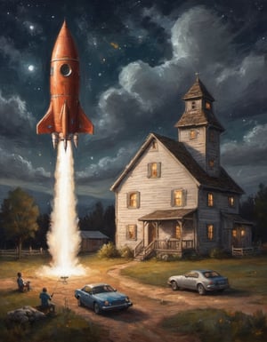 nighttime backyard rocketship launch aiming for mars with a baroque-styled engineering rocket fully constructed behind an old farmhouse and barn