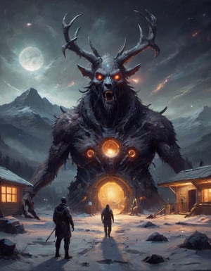 wendigo outside a remote sci-fi outpost research center at night
