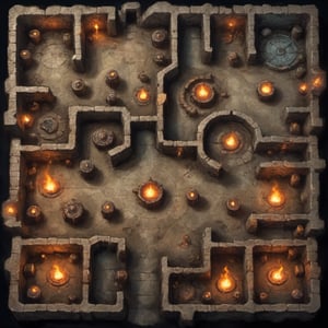 top down overhead view of an rpg battlemap dungeon layout with wall torches and dark halls opening into round chambers with lurking monsters and hidden treasure chests expert cartography D&D fantasy map