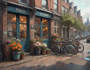 ismail inceoglu and ian mcque bike shop in a tourist neighborhood of Amsterdam cute flower pots and large window showcase of bikes