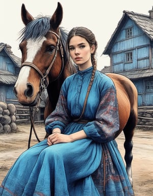 a young woman in a small village sitting on a Clydesdale horse blue peasant outfit with hair up in a bun ink art colored