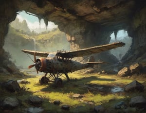 ian mcque and ismail inceoglu concept early dawn sunlight filtering through moss-covered rocky cavern walls a decaying abandoned metal debris on the ground a pile of debris of a decyaing biplane weathered by a campfire wooden bowl and waterskin faint luminescent fungi on the ceiling by rozalski