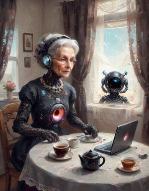 black hole tech android at grandma's house for a cup of tea cute grandma old lady with tech incongruities humanoid black hole robot and lace curtains 